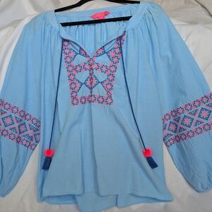 Lily Pulitzer Cecile Zanzibar Blue Embroidered Long Sleeve Tunic Top Size XL